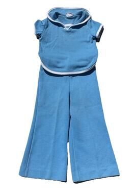 Vintage 70s Aileen Toddler Girls 3T Blue Nautical 2 Piece Bell Bottoms Set